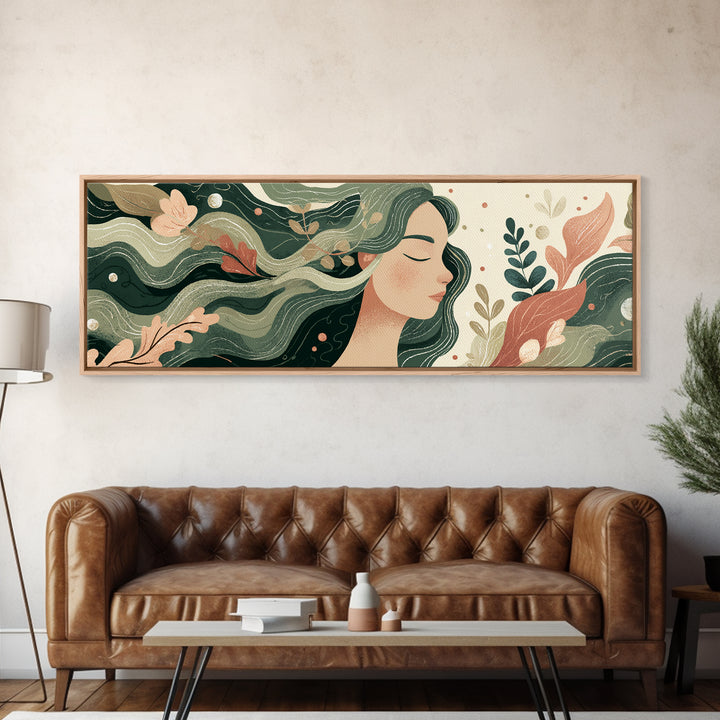 Flowing Green Haired Woman Botanical Wall Art, Feminine Boho Canvas Print, Earth Tone Decor For Bedroom And Living Room Art