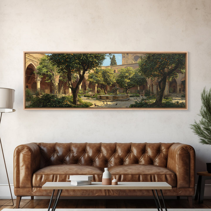 Sunny Courtyard With Orange Trees And Fountain, Classic European Garden Oil Painting Wall Art Print, Large Framed Canvas Print For Home