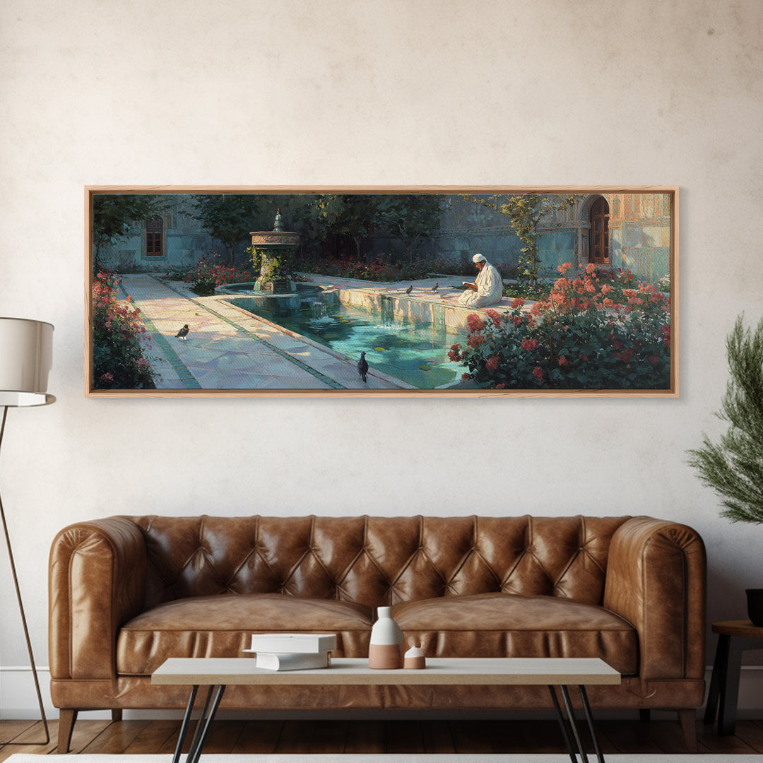 Serene Courtyard With Reflective Water And A Man Reading In Peaceful Garden Scene Wall Art