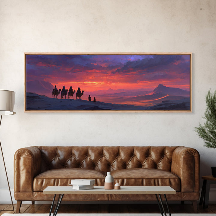 Dramatic Desert Caravan With Camels Traveling At Sunset Landscape Wall Art For Living Room Cozy Home Decor Framed Canvas Print