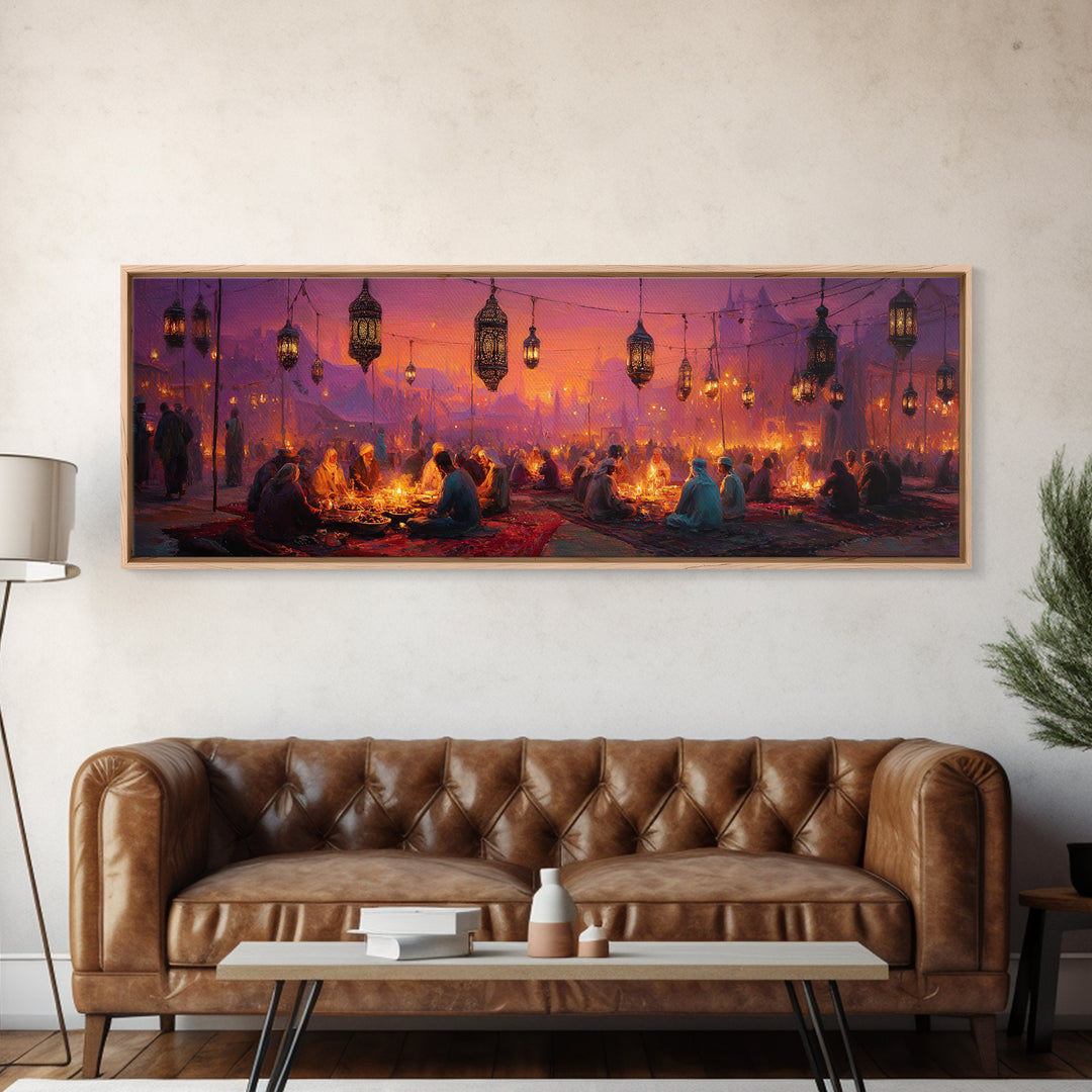 Vibrant Middle Eastern Night Festival With Lanterns And People Enjoying Colorful Celebration Framed Canvas Print