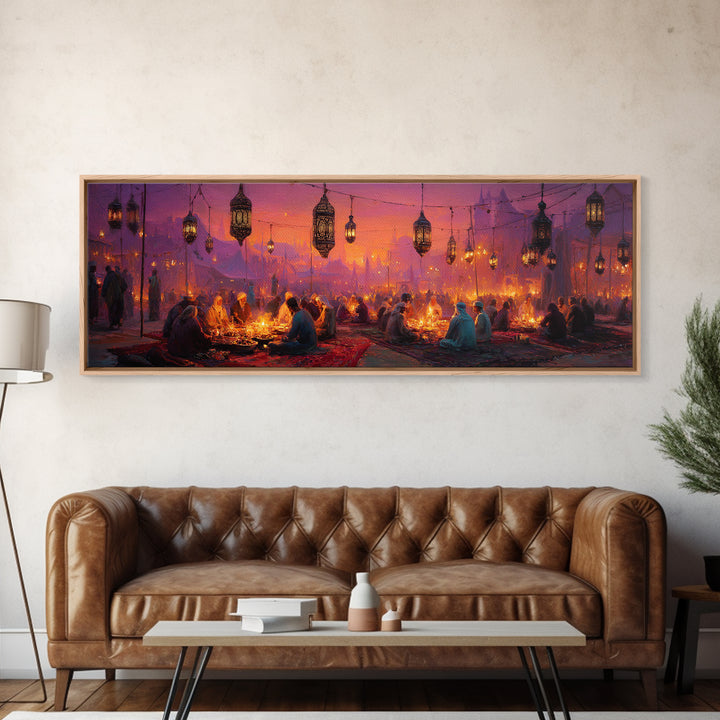 Vibrant Middle Eastern Night Festival With Lanterns And People Enjoying Colorful Celebration Framed Canvas Print