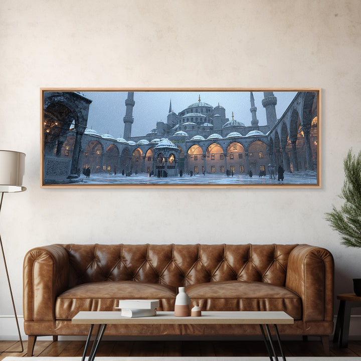 Historic Mosque Courtyard In Snowfall Cityscape Digital Painting Modern Wall Art Canvas Print For Home Decor