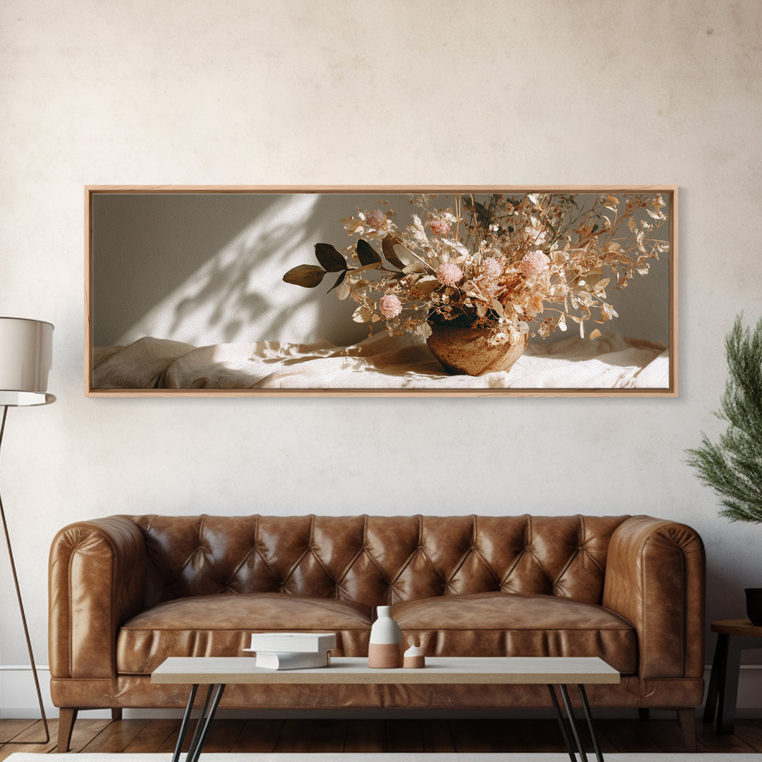 Warm Dried Flower Bowl Still Life Canvas Print, Neutral Botanical Wall Art, Boho Shelf Decor, Earth Tone Home Decor, Gift For Her