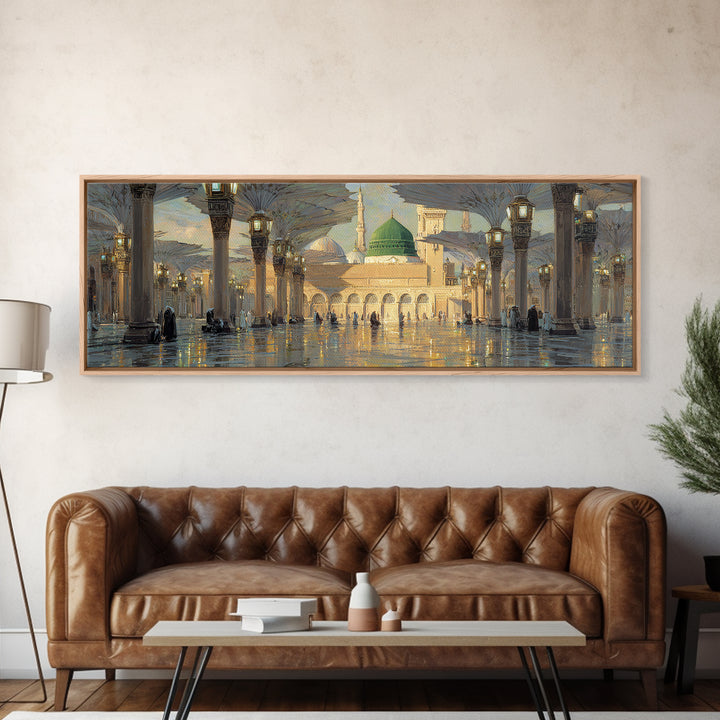 Ornate Mosque Interior With Illuminated Columns And Green Dome Wall Art Canvas Print Featuring Traditional Islamic Architecture And Spiritual Ambiance