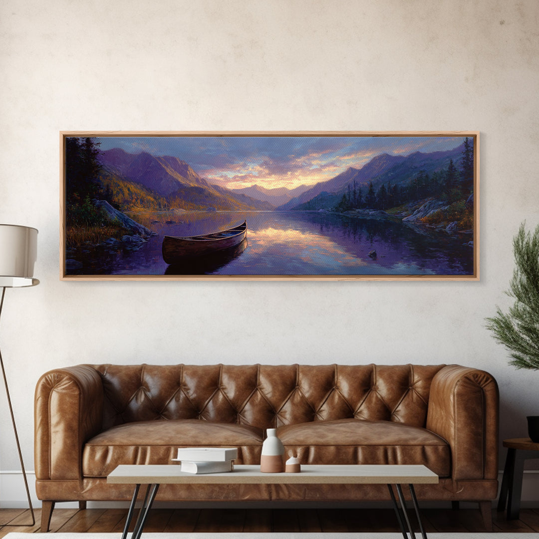 Serene Mountain Lake Landscape With Canoe Oil Painting Framed Canvas Print Large Wall Art For Living Room Decor