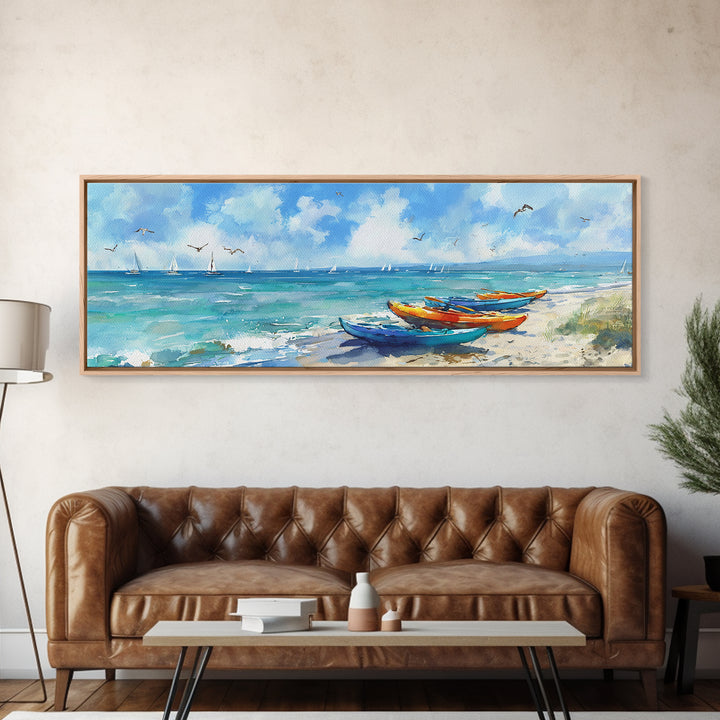 Vibrant Colorful Kayaks On Serene Beach Ocean Scene Beach Wall Art Watercolor Canvas Print