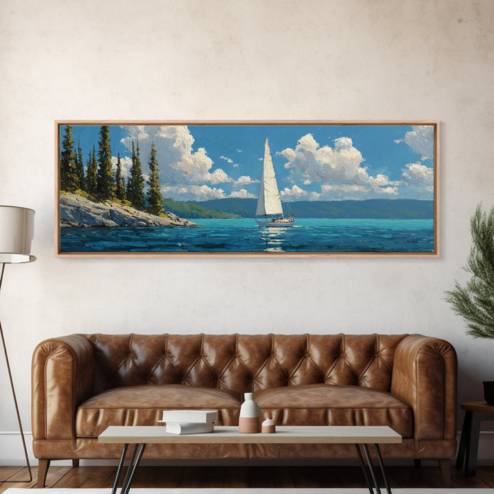 Sailboat At Sea Blue Water Maritime Painting Canvas Print Wall Art For Coastal Home Decor And Nautical Wall Decoration