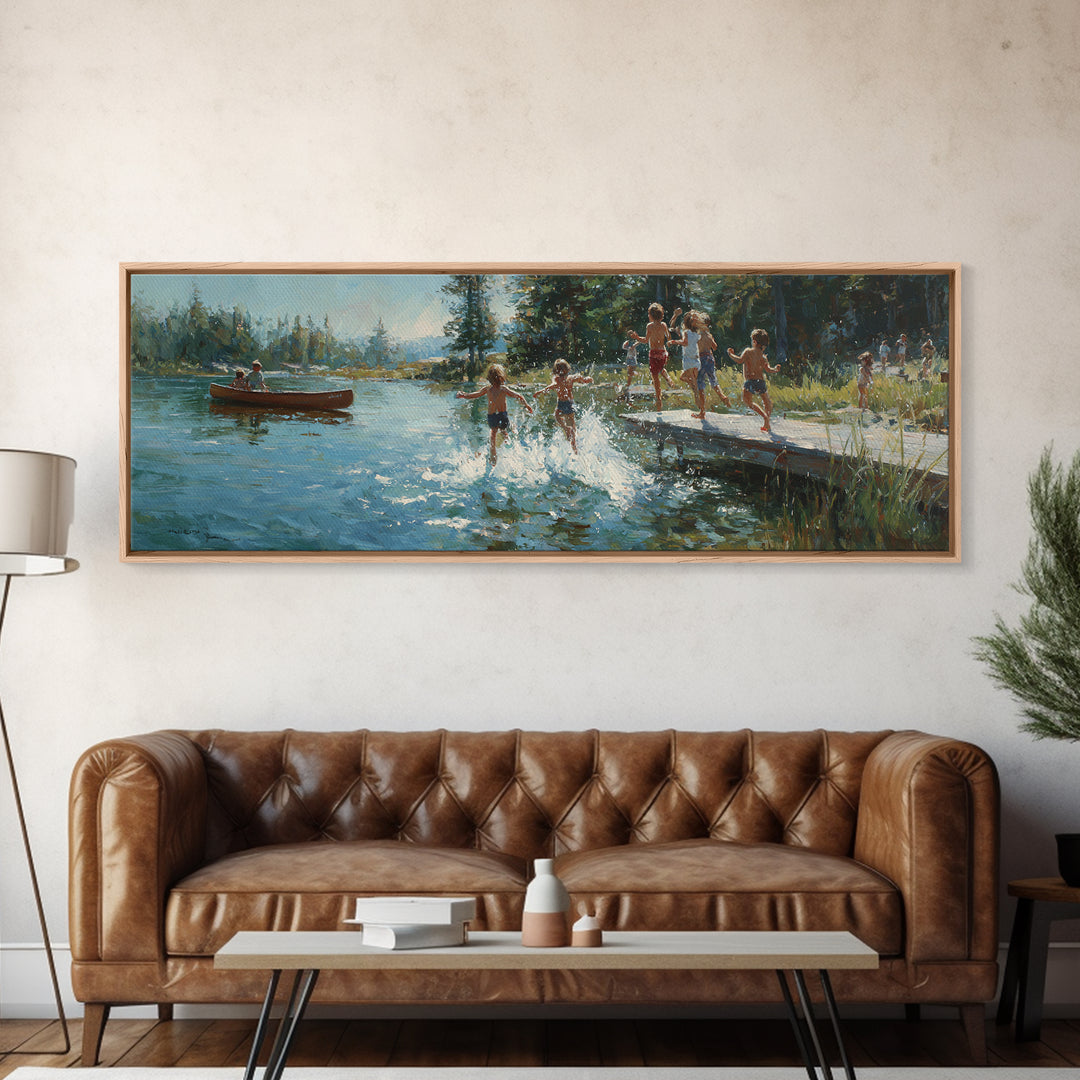 Oil Painting Of Children Playing Near Dock By Lake At Sunset Colorful Nature Wall Art Canvas Print