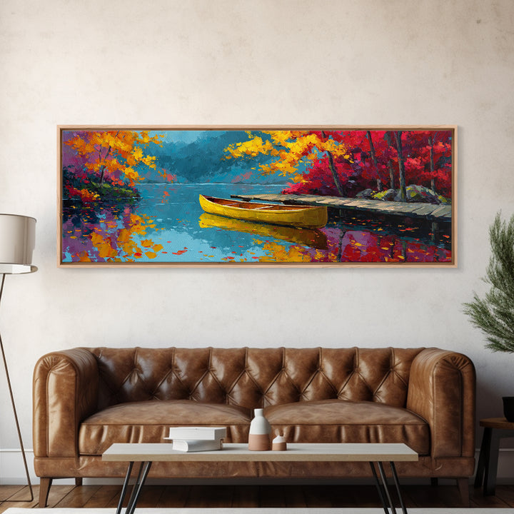 Serene Misty Forest Lake With Canoe Landscape Wall Art Framed Canvas Print For Nature Lover Home Decor