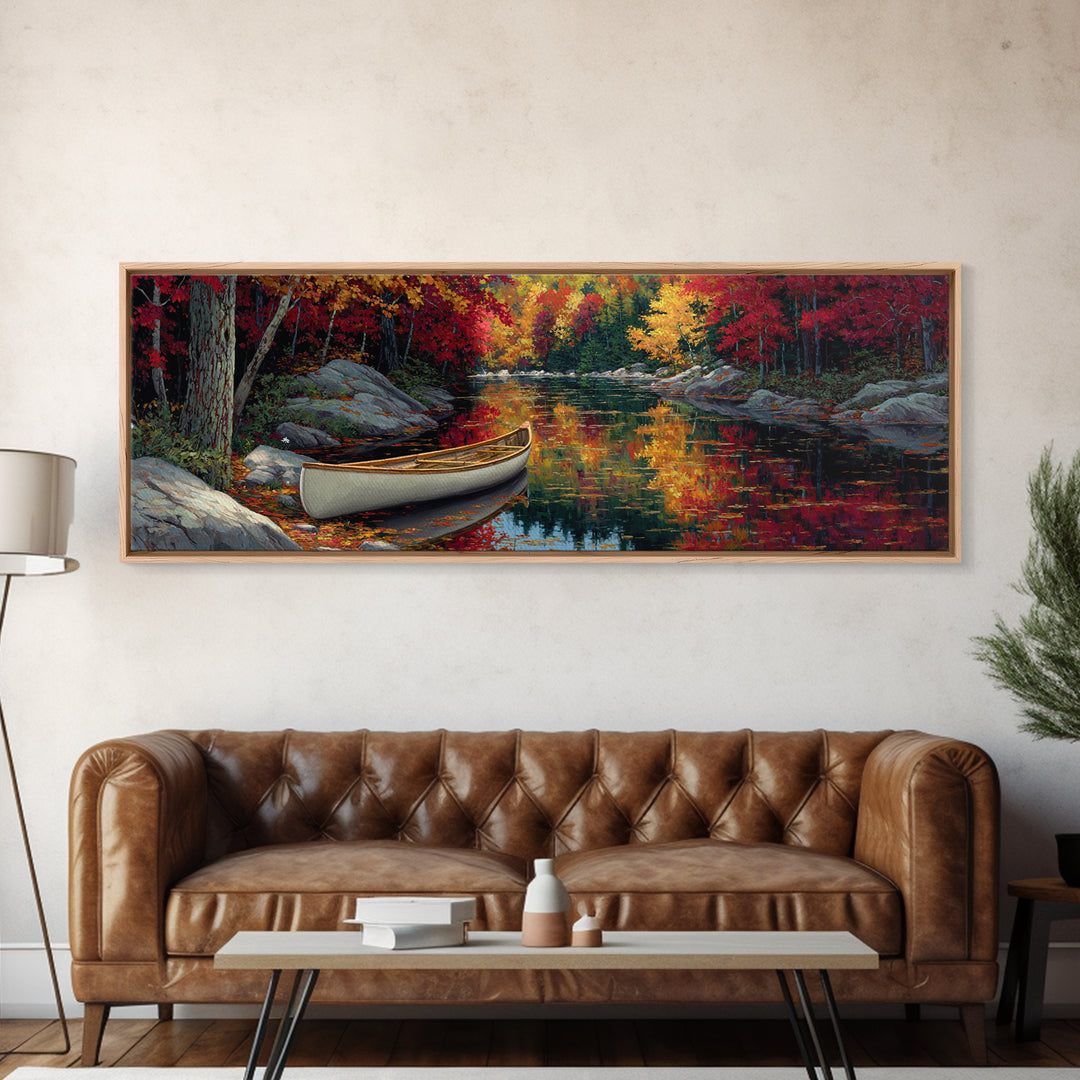 Peaceful Autumn River Scene With Canoe In Fall Colors Landscape Painting Framed Canvas Print Tranquil Nature Wall Art Gift