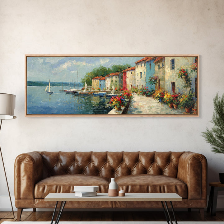Classic Mediterranean Coastal Village With Colorful Buildings And Boats Oil Painting Canvas Print For Rustic Wall Art