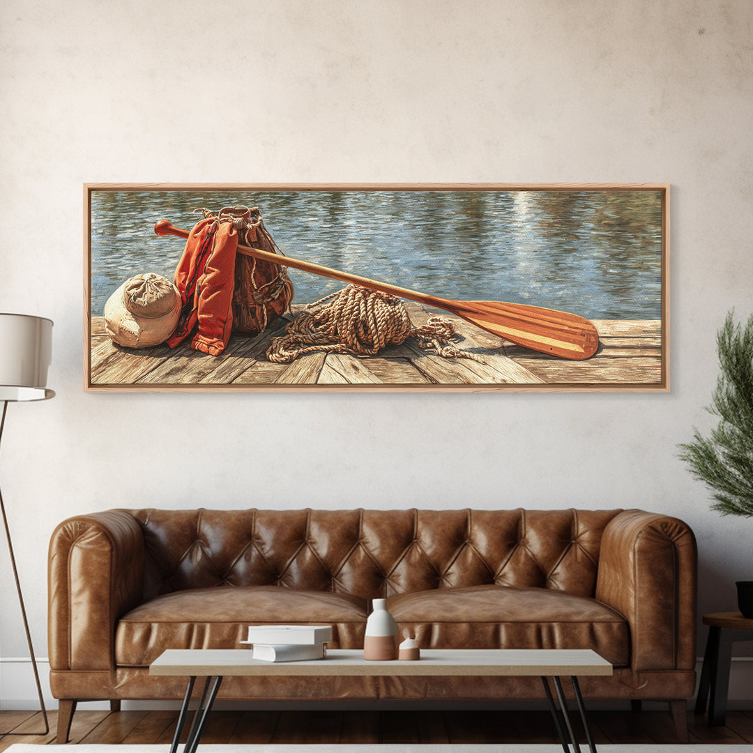 Peaceful Canoe Scene Painting With Person Rowing On Golden Water Reflecting Sunset Natural Wall Art
