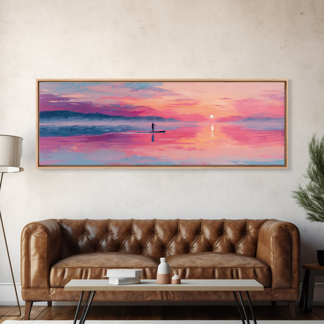Serene Paddleboarder At Sunset With Pink Purple Sky Wall Art Canvas Print For Coastal Home Decor