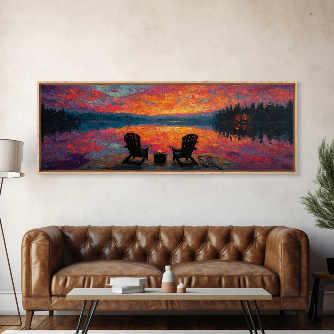 Rustic Sunset Lake Scene With Empty Chairs And Fire Pit Oil Painting Wall Art Framed Canvas Print