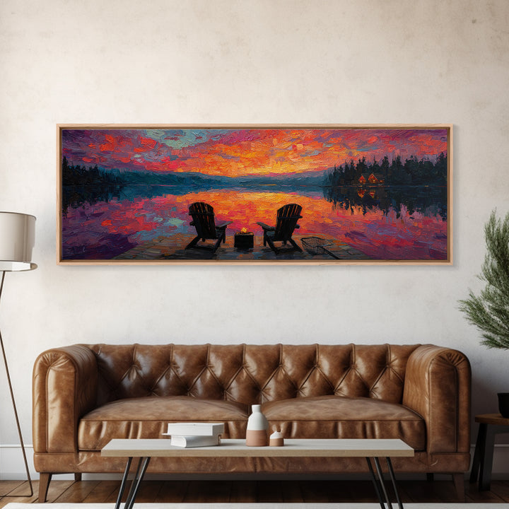 Rustic Sunset Lake Scene With Empty Chairs And Fire Pit Oil Painting Wall Art Framed Canvas Print