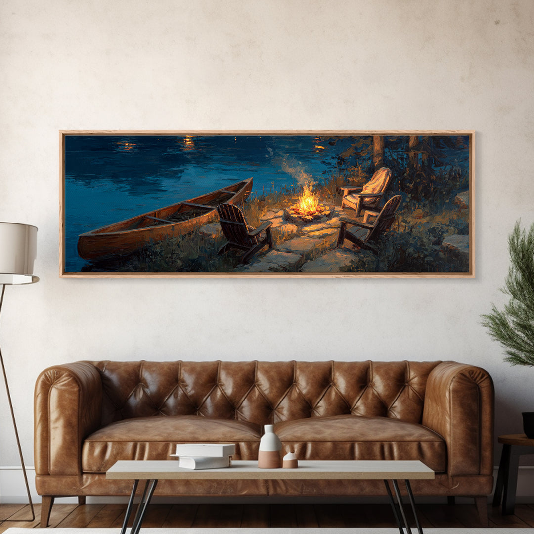 Tranquil Lakeside Campfire Scene With Chairs And Canoe Wall Art Canvas Print For Cozy Home Decor Rustic Bedroom Gift Ideas
