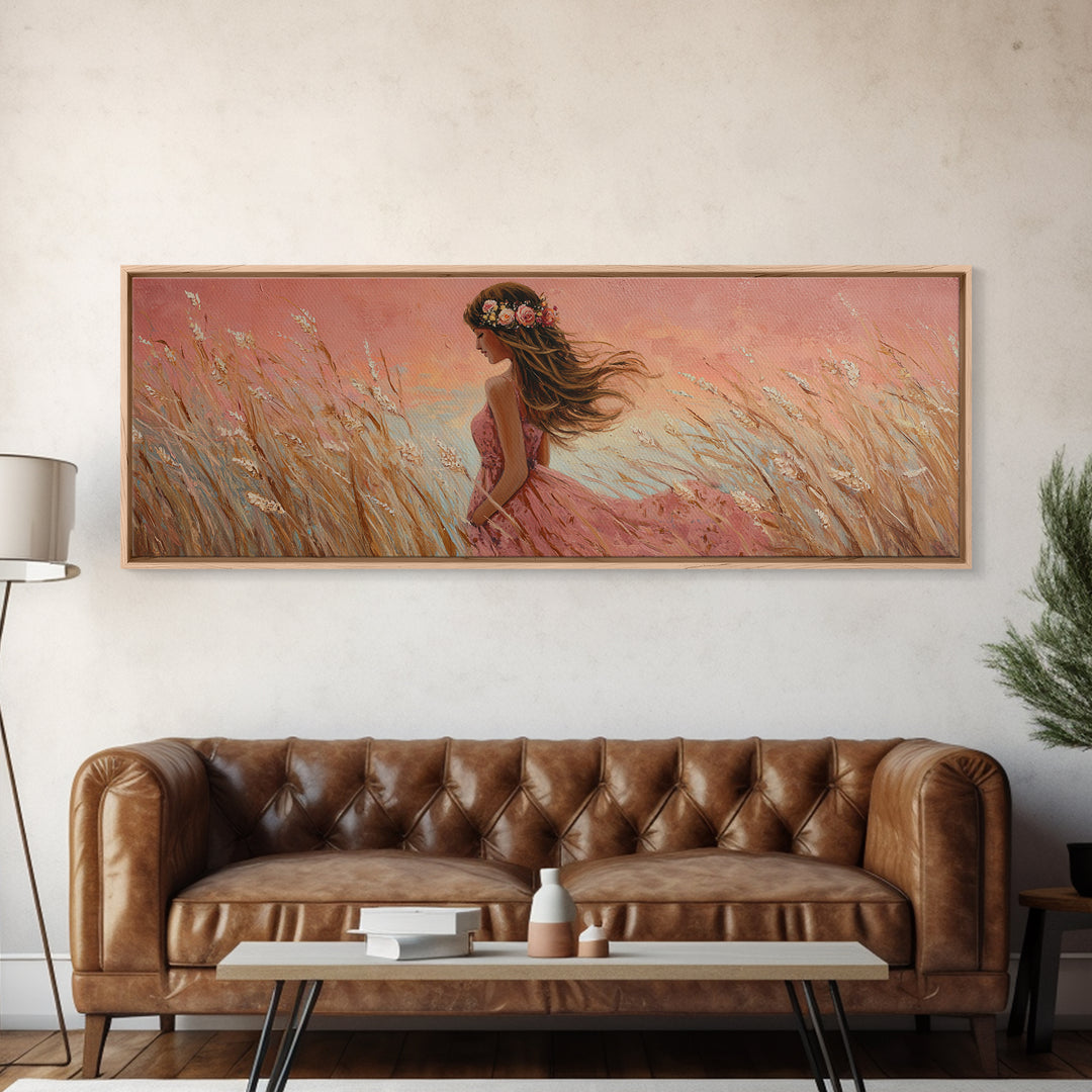 Boho Girl In Pink Dress Through Golden Wheat Field Canvas Print, Feminine Wall Art, Romantic Bedroom Decor, Housewarming Gift For Her