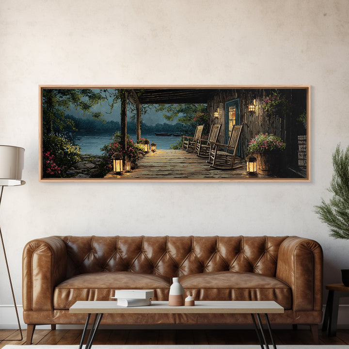 Cozy Lakeside Porch At Twilight Featuring Rocking Chairs And Lanterns Wall Art Perfect For Rustic Home Decor And Living Room