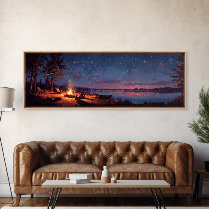 Serene Lakeside Campfire Under Starry Night Sky Wall Art Framed Canvas Print Cozy Outdoor Home Decor