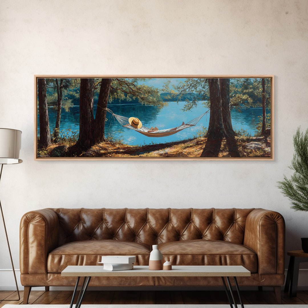 Peaceful Lake Scene With Person Reading In Hammock Among Trees Wall Art Framed Canvas Print For Relaxing Home Decor