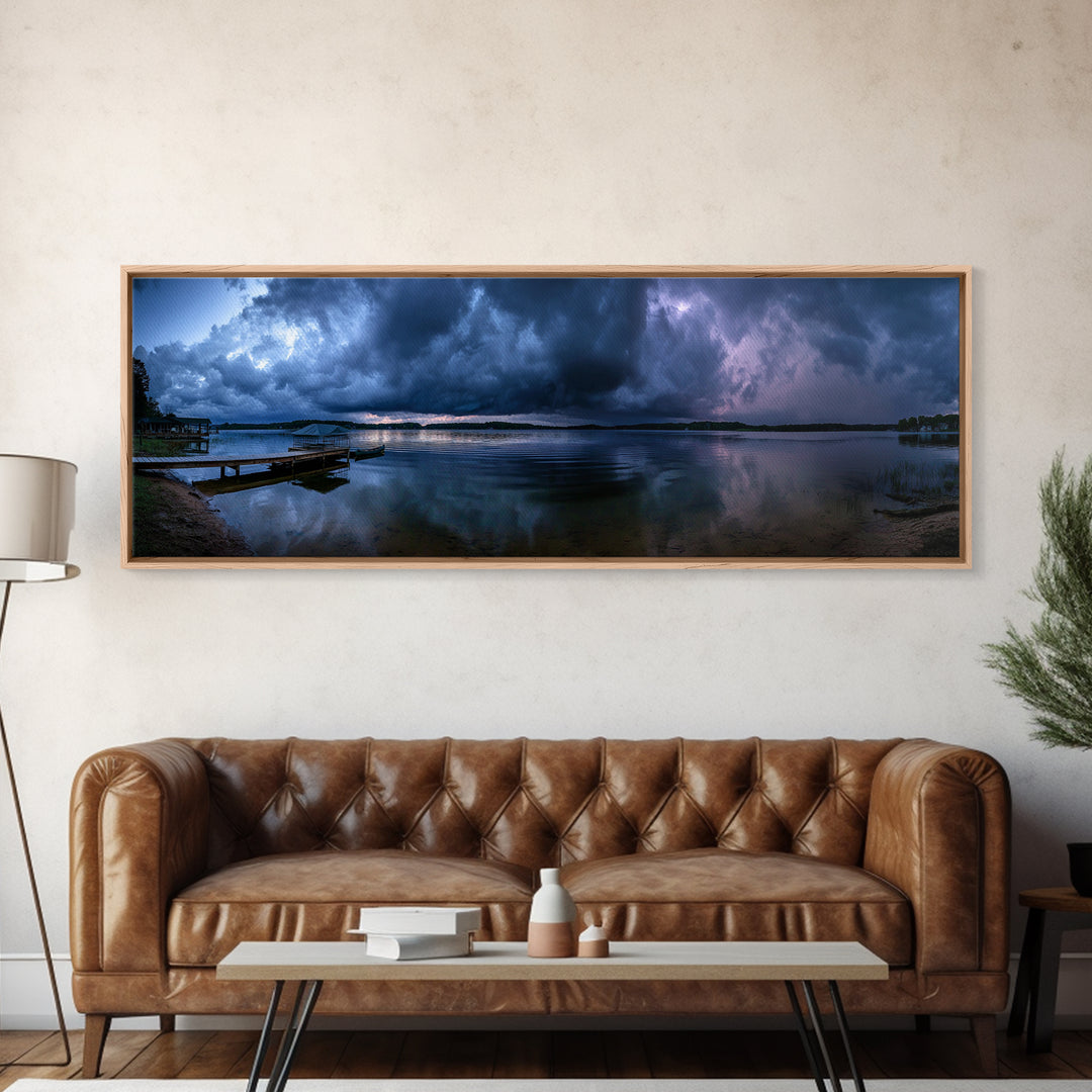 Dramatic Stormy Lake Panorama With Powerful Clouds And Calm Water Reflections Canvas Print