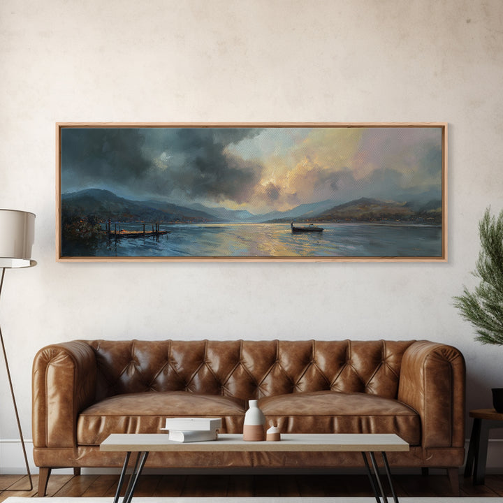 Atmospheric Lake At Dusk With Glowing Sky And Mountain Silhouette Canvas Print Modern Landscape Wall Art For Elegant Home Decor