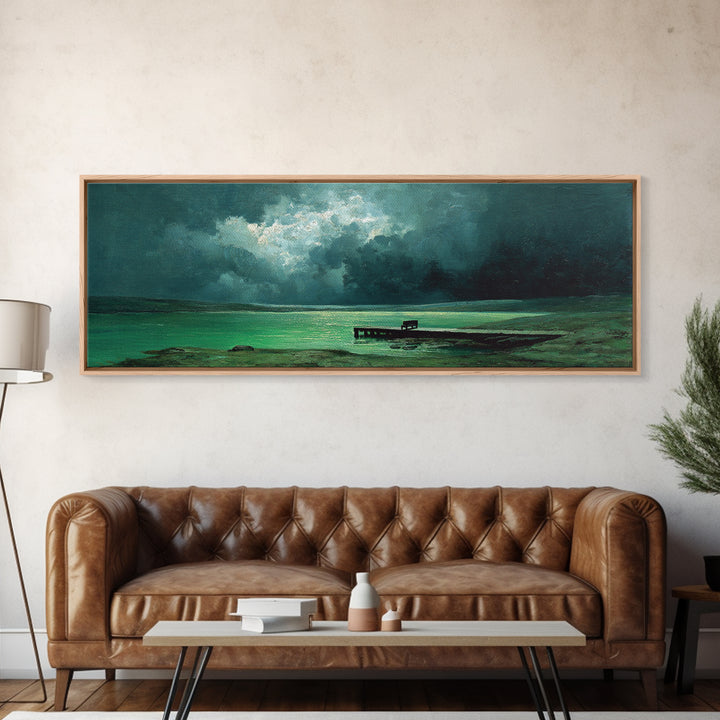 Moody Green Lakeside Dock Morning Mist Oil Landscape Painting Wall Art Canvas Print For Forest And Nature Home Decor