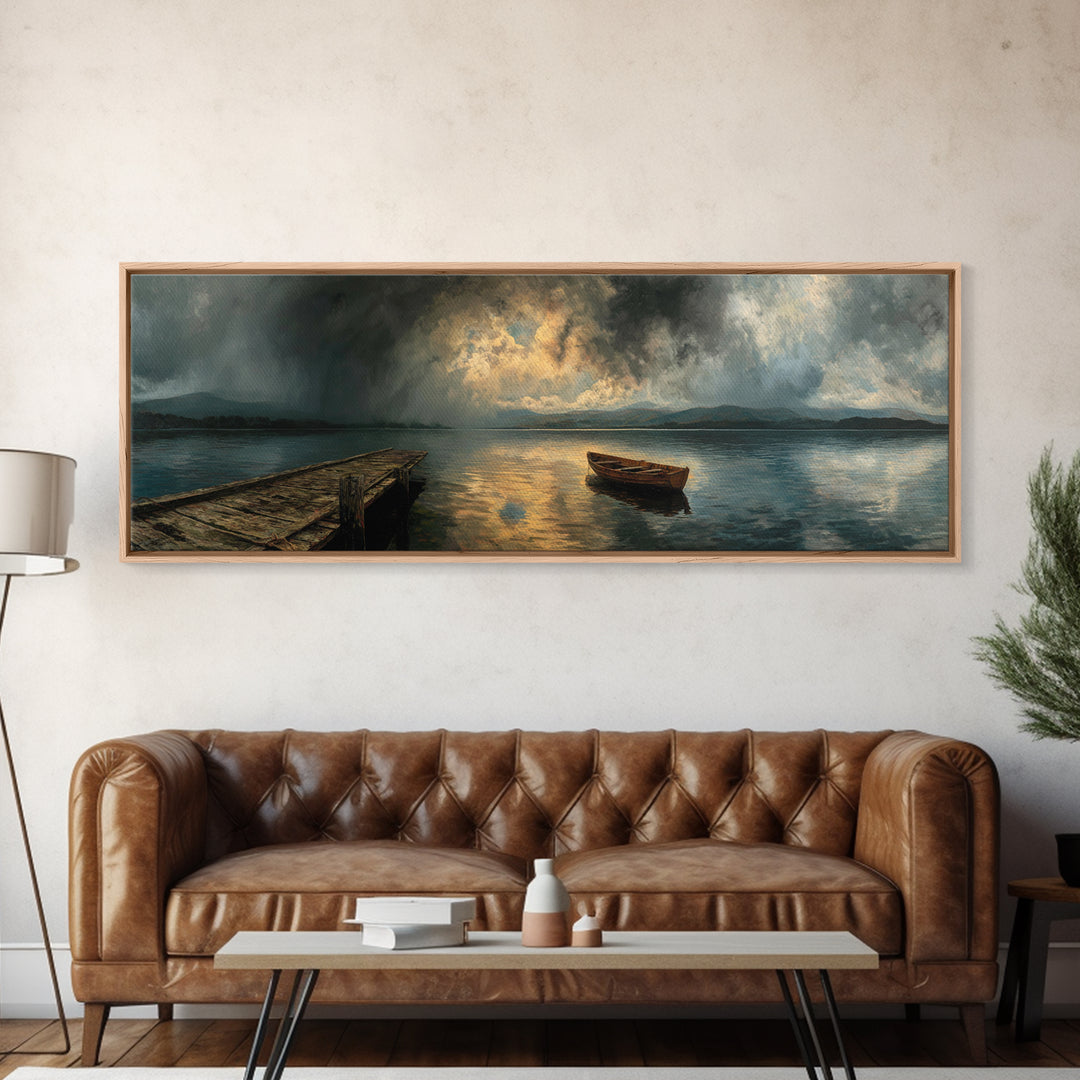 Misty Lake With Old Rowboat Wooden Dock Peaceful Landscape Print - Canvas Print, Nature Wall Art, Rustic Home Decor, Living Room Art, Gift