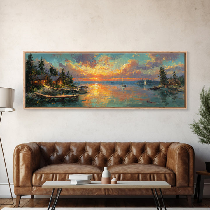 Vibrant Sunset Harbor Scene With Sailing Boats And Illuminated Dock Landscape Wall Art For Living Room And Coastal Home Decor Canvas Print