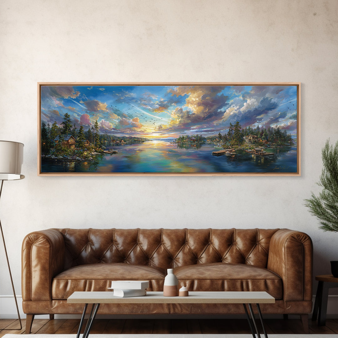 Serene Sunset Landscape Painting Wall Art Framed Canvas Print Vibrant Nature Scene With Lake And Mountains Home Decor