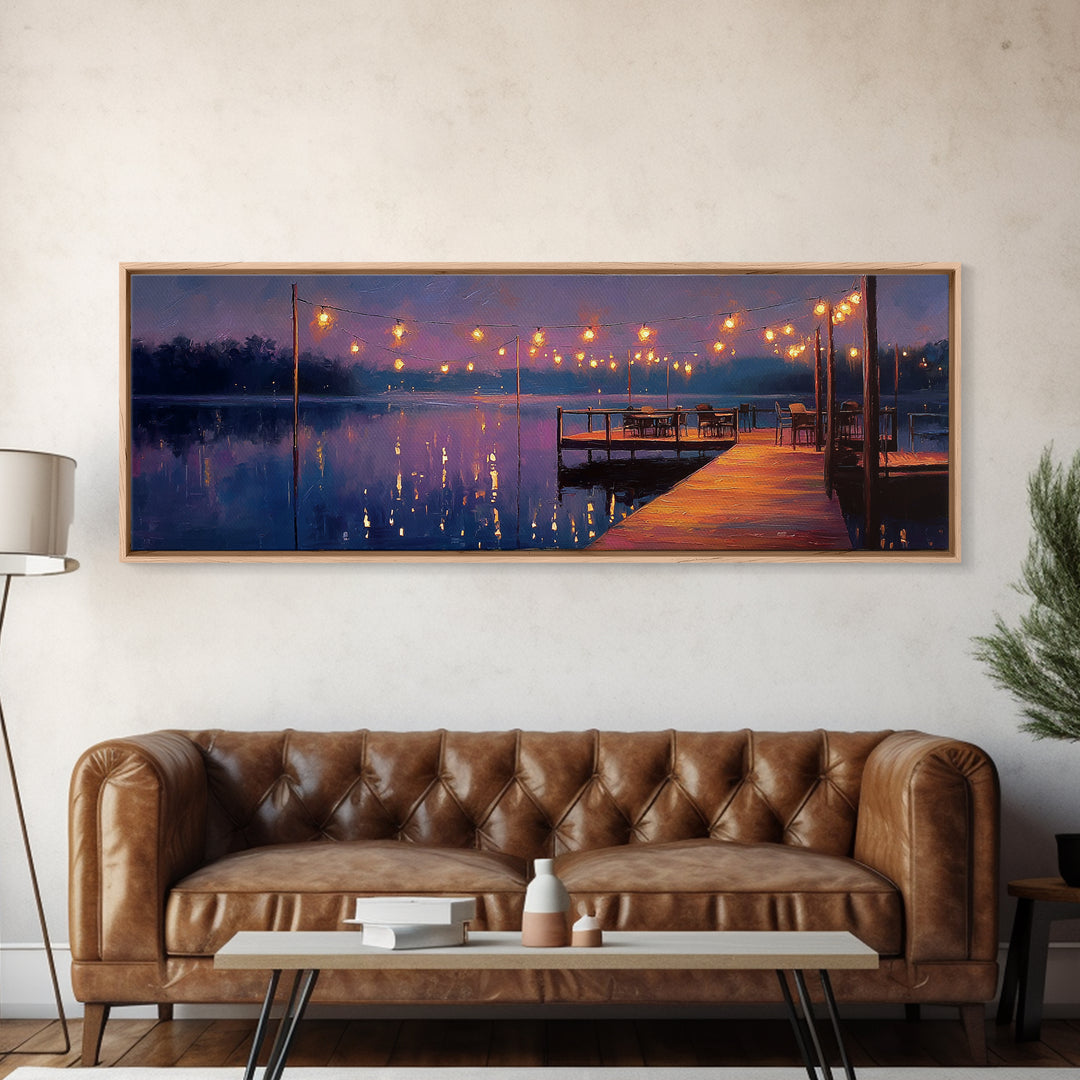 Cozy Lakeside Evening With Warm Lights Over Water - Serene Landscape Wall Art Framed Canvas Print For Relaxing Home Decor