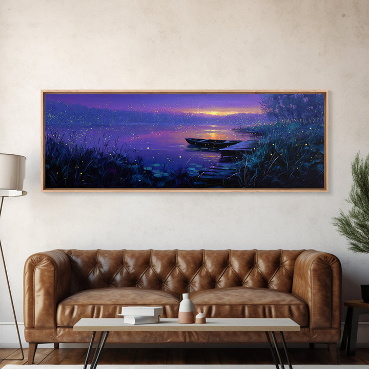 Serene Nighttime Lake Scene With Boat And Fireflies Peaceful Landscape Wall Art Canvas Print
