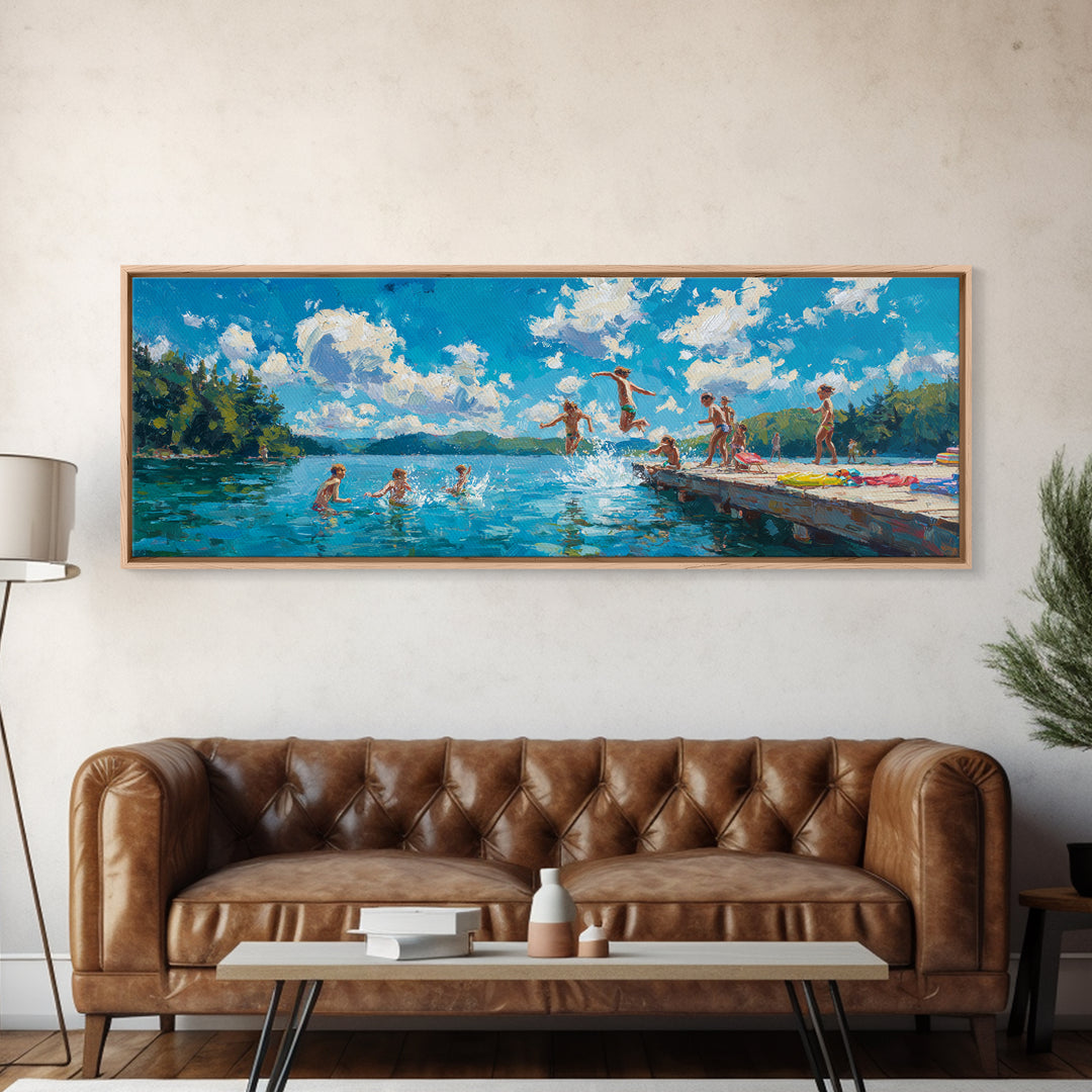 Energetic Summer Kids Jumping Into Lake Water From Dock Painting Vibrant Outdoor Scene Wall Art Framed Canvas Print For Playful Decor