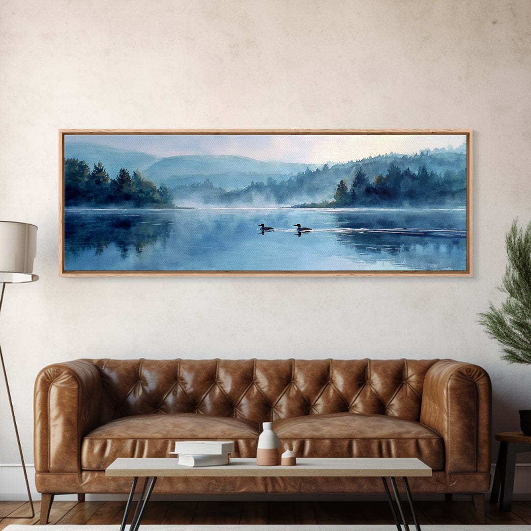 Mystical Lakeside Scene With Two Loons Swimming Among Misty Trees Watercolor Painting Canvas Print For Nature Wall Art