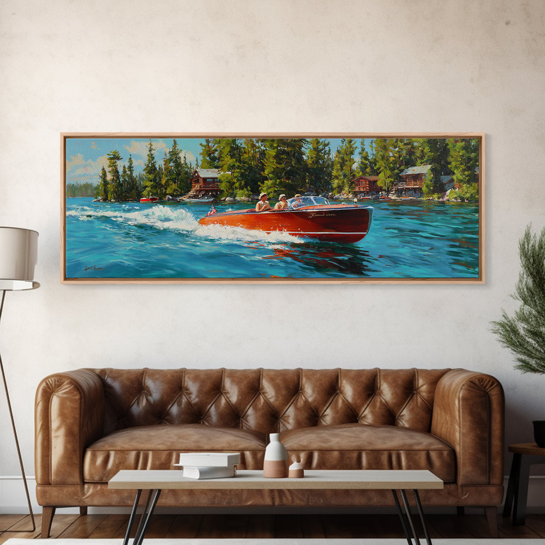 Classic Speedboat On Lake Painting With Bright Red Wood Vessel And Scenic Nature Watercraft Wall Art Print