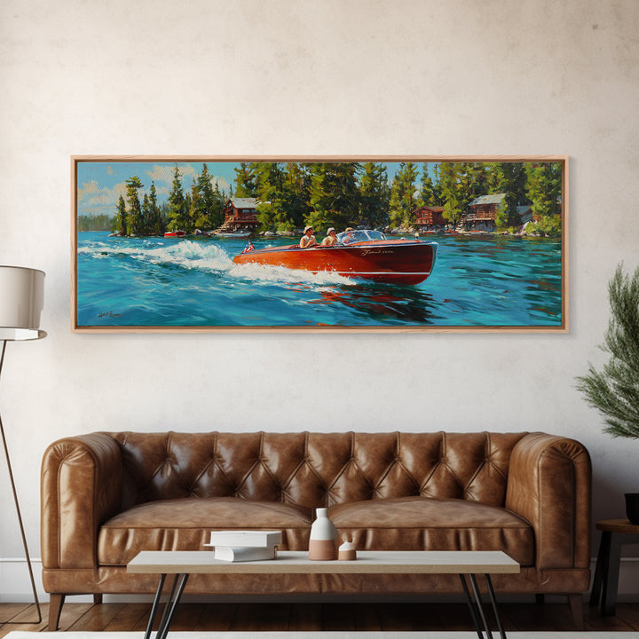 Classic Speedboat On Lake Painting With Bright Red Wood Vessel And Scenic Nature Watercraft Wall Art Print