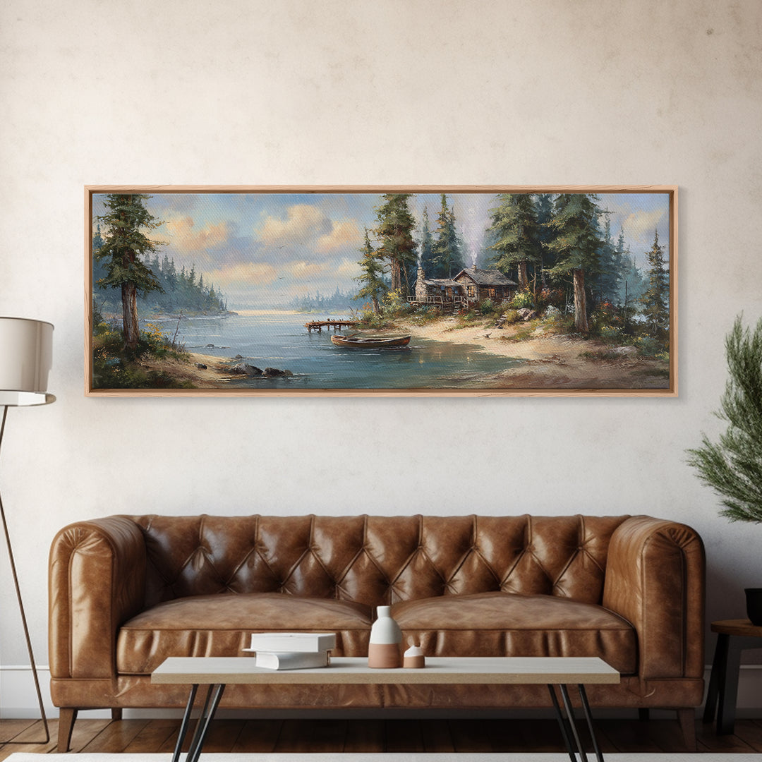 Rustic Cabin By The Lake Painting In A Serene Forest Landscape Wall Art Framed Canvas Print Nature Home Decor