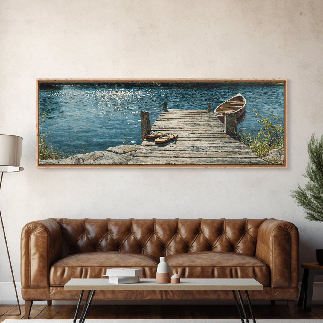 Rustic Lakeside Dock With Flip Flops Oil Painting Wall Art Framed Canvas Print Featuring Serene Water Scene And Cozy Summer Vibes