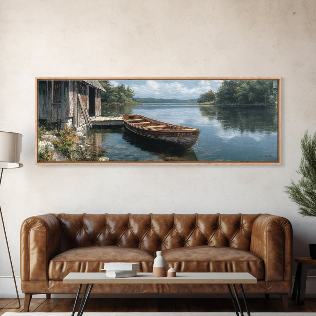 Tranquil Lakeside Rowboat Calm Water Reflection Painting - Serene Nature Wall Art Framed Canvas Print For Rustic Home Decor