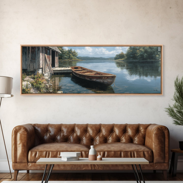 Tranquil Lakeside Rowboat Calm Water Reflection Painting - Serene Nature Wall Art Framed Canvas Print For Rustic Home Decor