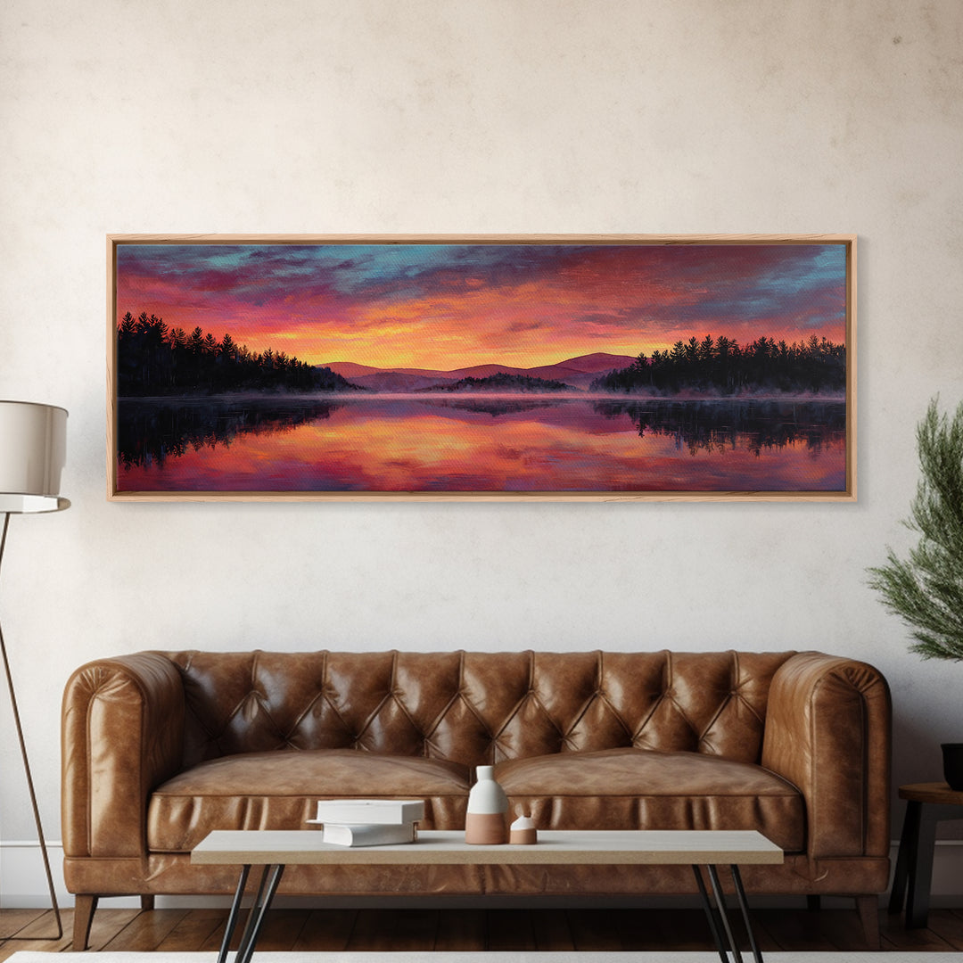 Calm Lake And Canoe At Sunrise With Soft Light Framed Canvas Print Nature Wall Art For Bedroom Decor