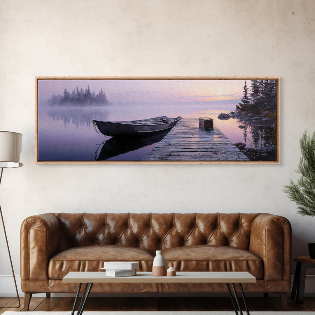 Peaceful Lake At Sunrise With Boat Scenic Landscape Painting Canvas Print For Rustic Home Decor And Large Wall Art