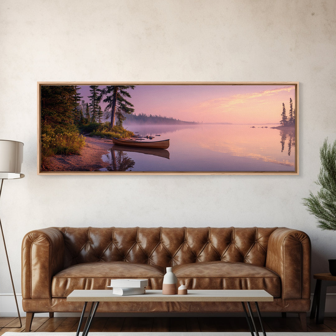 Majestic Sunset Over Misty Lake Landscape Painting Wall Art Canvas Print Rustic Nature Wall Decor
