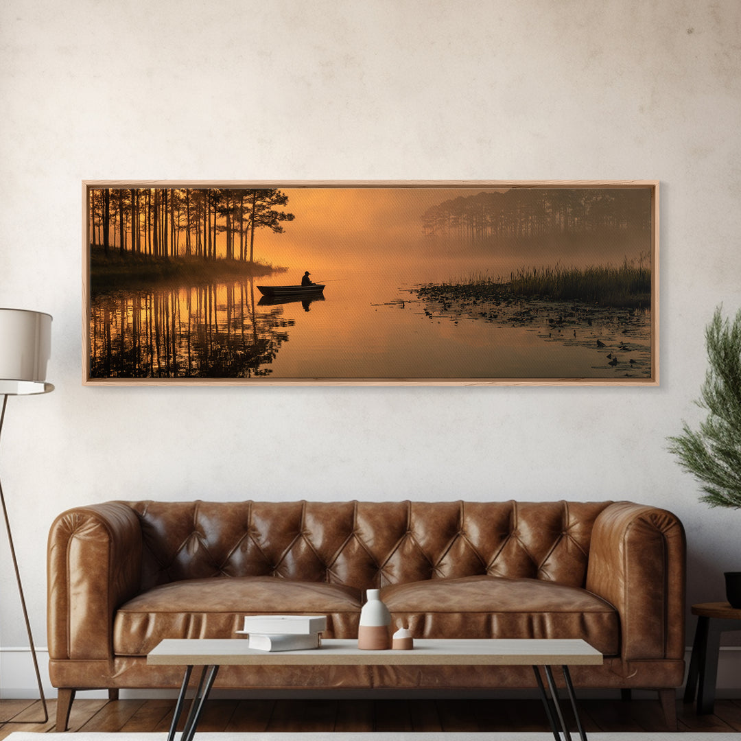 Peaceful Fisherman On Misty Lake At Sunrise Nature Wall Art Canvas Print For Tranquil Living Room Decor