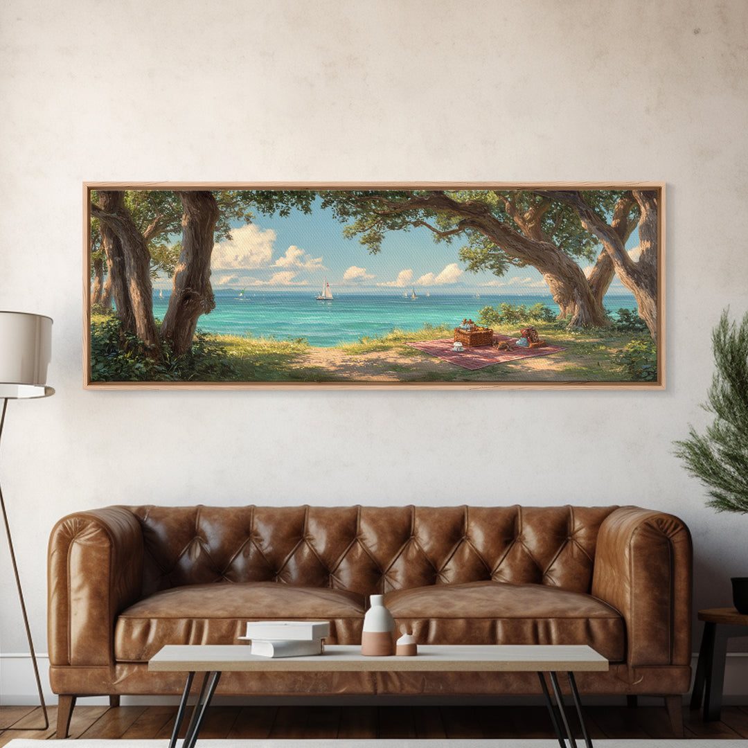 Coastal Picnic Scene With Tranquil Blue Ocean And Sailboats Under Trees - Serene Wall Art Framed Canvas Print For Home Decor