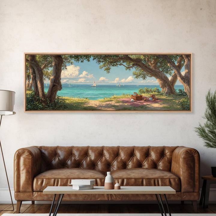 Coastal Picnic Scene With Tranquil Blue Ocean And Sailboats Under Trees - Serene Wall Art Framed Canvas Print For Home Decor