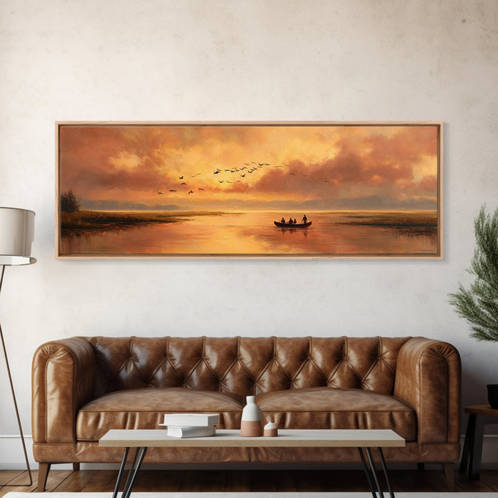 Majestic Canvas Print Featuring Golden Light Over Calm River With Silhouetted Boat Serene Landscape Art For Living Room Home Decor And Tranquil Spaces