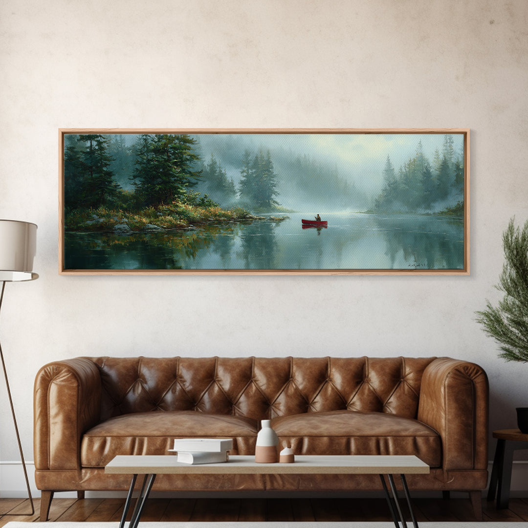 Peaceful Canoeist On Misty River Reflecting Mountain Landscape Wall Art Fine Art Canvas Print For Living Room
