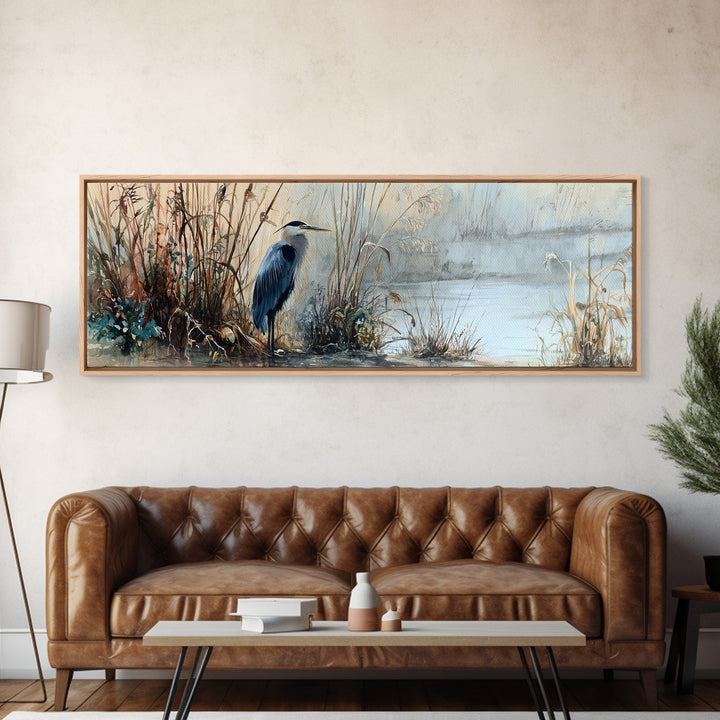 Detailed Watercolor Painting Of Heron By Misty Lakeside Capturing Serene Nature Wall Art Print